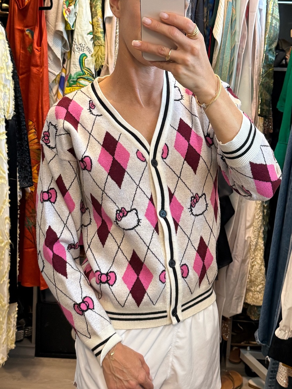 Hello Kitty Pink & White Argyle Cardigan